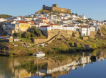 Historic hilltop walled medieval village of Mertola with castle, on the banks of the river Rio Guadiana, Baixo Alentejo, Portugal, Europe