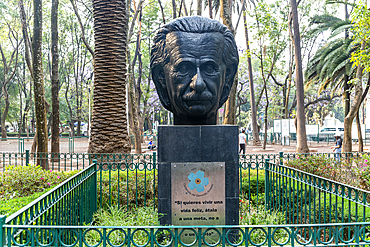 Albert Einstein bust, memorial monument to Armenia genocide, Parque Mexico, La Condesa, Mexico City, Mexico, North America