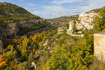 Landscape scenery of river Rio Jucar gorge with historic buildings, Cuenca, Castille La Mancha, Spain, Europe