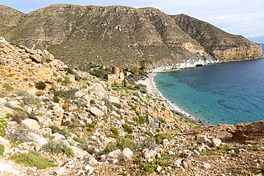 Castle, buildings and beach, Cala de San Pedro, Cabo de Gata Natural Park, Nijar, Almeria, Spain, Europe