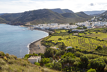 Landscape view of coastline and village of Las Negras, Cabo de Gata natural park, Almeria, Spain, Europe