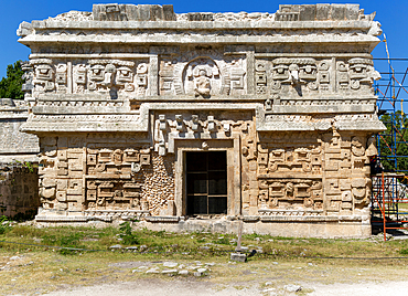 Elaborate decorated stone facade in Monjas complex, The Nunnery (Nuns' House), Chichen Itza, Mayan ruins, UNESCO World Heritage Site, Yucatan, Mexico, North America