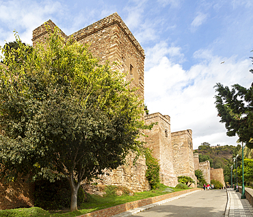 Historic walled defences to Moorish citadel fortress palace of the Alcazaba, Malaga, Andalusia, Spain, Europe