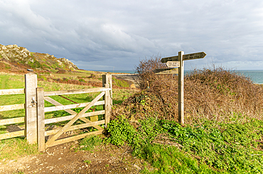 Coastal landscape with footpath sign, Prawle Point, Devon, England, United Kingdom, Europe