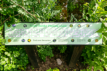 Sunny Border Planting Guide sign, Dartington Hall gardens, Dartington estate, south Devon, England, United Kingdom, Europe