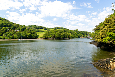 Landscape view River Dart estuary and valley looking across towards countryside near Dittisham, south Devon, England, United Kingdom, Europe