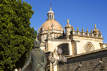 Cathedral church in Jerez de la Frontera, Cadiz province, Spain with Tio Pepe statue