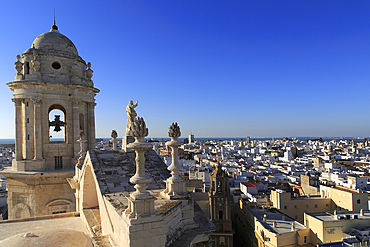 Rooftops of buildings in Barrio de la Vina, looking west from cathedral roof, Cadiz, Spain