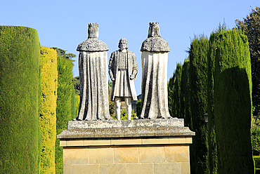 Columbus, King Ferdando and Queen Isabel statues in garden of Alcazar, Cordoba, Spain, Alcázar de los Reyes Cristianos