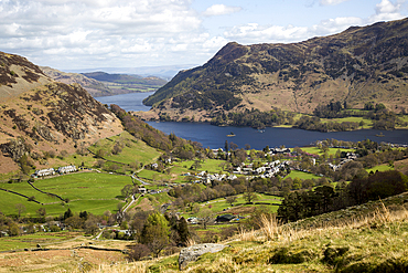 View of Ullswater lake and Glenridding village, Lake District, Cumbria, England, UK