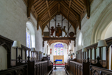 Interior of church of Saint Nicholas, Rushbrooke, Suffolk, England, UK - reputed Coat of Arms of King Henry the Eighth