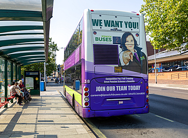 Advert on back of bus for staff vacancies, Ipswich Buses double decker, town centre of Ipswich, Suffolk, England, UK