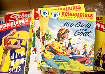 Vintage Schoolgirls Picture Library cartoon comic books on display at auction, UK