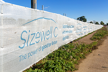 Sizewell C power station construction site screen for staff park and ride site, Wickham Market, Suffolk, England, UK