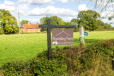 Sign for Boundary Farm glamping campsite, East Green, Kelsale, Suffolk, England, UK