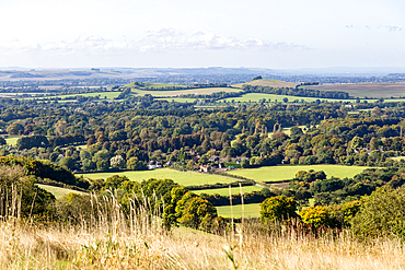 View over chalk scarp slope Vale of Pewsey, Pewsey Vale, Martinsell Hill, Oare, Wiltshire, England, UK - to Woodborough Hill
