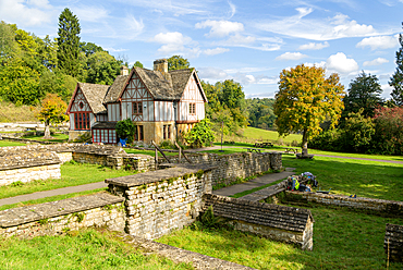 Overview of excavated walls and museum building, Chedworth Roman Villa, Chedworth, Cotswolds, Gloucestershire, England, UK