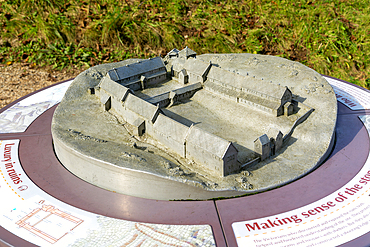 Model of farmstead buildings excavated at Chedworth Roman Villa, Chedworth, Cotswolds, Gloucestershire, England, UK