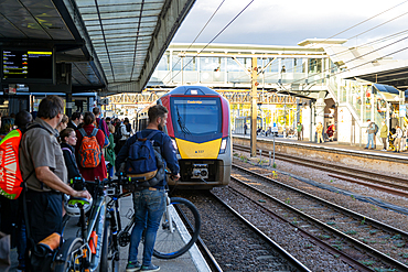 Greater Anglia class 755 FLIRT train arriving at platform, Cambridge, Cambridgeshire, England, UK