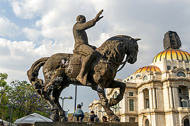 Graffiti on equestrian statue of Francisco Madero, Palacio de Bellas Artes (Palace of Fine Arts), Mexico City, Mexico, North America