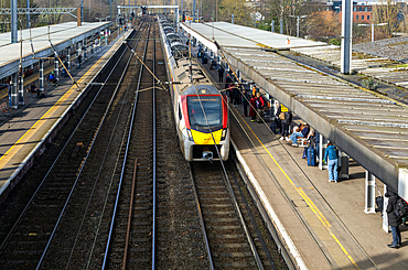 Greater Anglia, British Rail Class Stadler 755 bi-modal multiple unit passenger train arriving at Ipswich railway station, Suffolk, England, UK