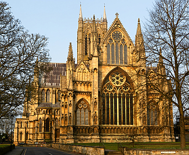 East frontage Lincoln cathedral church winter morning light,, city of Lincoln, Lincolnshire, England, UK