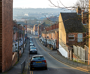 Victorian terraced housing with small front gardens, Vine Street, inner city of Lincoln, Lincolnshire, England, UK