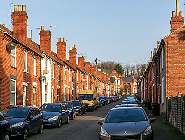 Victorian terraced housing with no front gardens, Grafton Street, inner city of Lincoln, Lincolnshire, England, UK