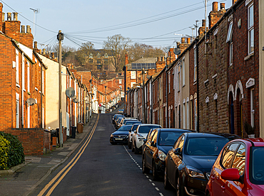 Victorian terraced housing with no front gardens, St Hugh Street, inner city of Lincoln, Lincolnshire, England, UK