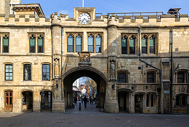 The Stonebow and Guildhall medieval town gate main city High Street, Lincoln, Lincolnshire, England, UK