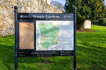 Map and information sign for Temple Gardens, city of Lincoln, Lincolnshire, England, UK