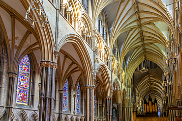 Vaulted nave ceiling roof of medieval Lincoln cathedral interior, city of Lincoln, Lincolnshire, England, UK