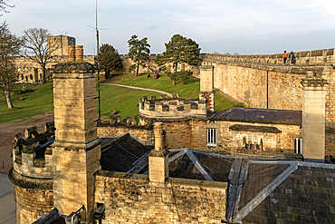 View inside castle grounds from medieval wall walk, Lincoln Castle, city of Lincoln, Lincolnshire, England, UK