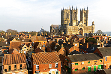 West frontage of Lincoln cathedral church viewed from castle walls, city of Lincoln, Lincolnshire, England, UK
