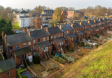 Back gardens and backs of row of terraced housing, Union Road city of Lincoln, Lincolnshire, England, UK