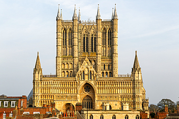 West frontage of Lincoln cathedral church viewed from castle walls, city of Lincoln, Lincolnshire, England, UK