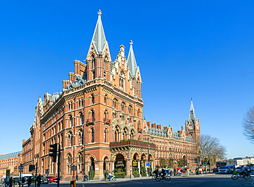 St Pancras Renaissance international railway station hotel, London, England, UK, Gothic Revival architecture by Sir George Gilbert Scott 1873