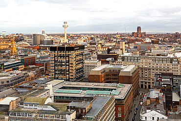 View over city centre rooftops to the Anglican cathedral, Liverpool, England, UK
