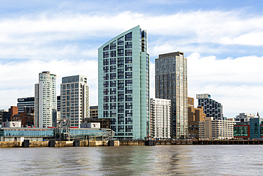 High-rise modern waterfront buildings skyscrapers around Princes Dock, River Mersey, Liverpool, Merseyside, England, UK