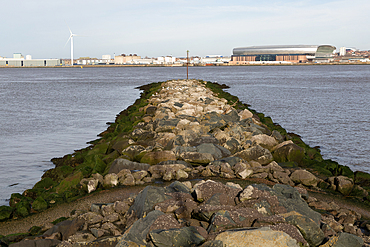 Rock boulder breakwater groyne River Mersey estuary, Wallasey, Wirral Peninsula, Merseyside, England, UK