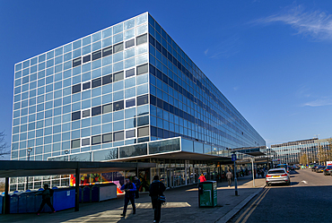 Reflective glass exterior railway station office block building, Milton Keynes Central, Buckinghamshire, England, UK