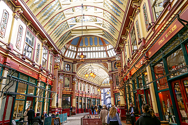 Historic covered shopping arcade Leadenhall Market, City of London, London, England, UK architect Sir Horace Jones 1881