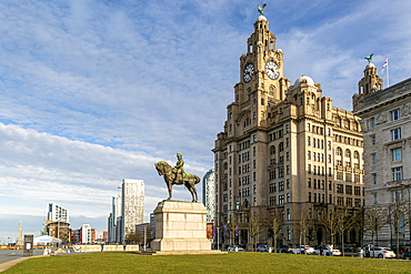 The Royal Liver building, Pier Head, Liverpool, England, UK completed 1911 architect Walter Aubrey Thomas, King Edward VII equestrian statue