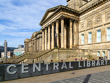 Portico entrance Neoclassical architecture of World Museum, Central Library buildings, city centre of Liverpool, England, UK opened 1850s