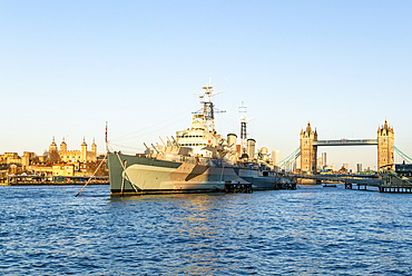 HMS Belfast museum naval ship, near Tower Bridge, The Queen's Walk, London, England, UK