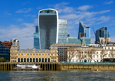 Historic architecture Old Billingsgate fish market building contrast with modern skyscrapers, River Thames, City of London, England, UK