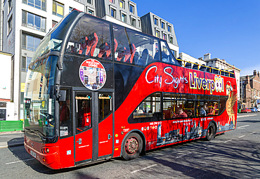 Liverpool City Sights red double-decker open -top tour bus, Liverpool, Merseyside, England, UK
