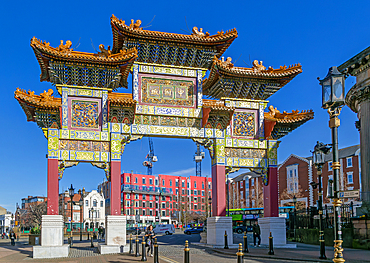 Chinese Paifang or Pailou archway entrance to Chinatown, Nelson Street, Liverpool, Merseyside, England, UK