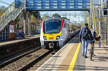 British Rail Class 720 Bombardier Aventra Electric Multiple Unit passenger train at Marks Tey railway station, Essex, England, UK