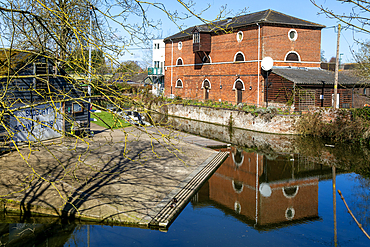 Quay House theatre red brick former granary building, River Stour navigation, Sudbury, Suffolk, England, UK